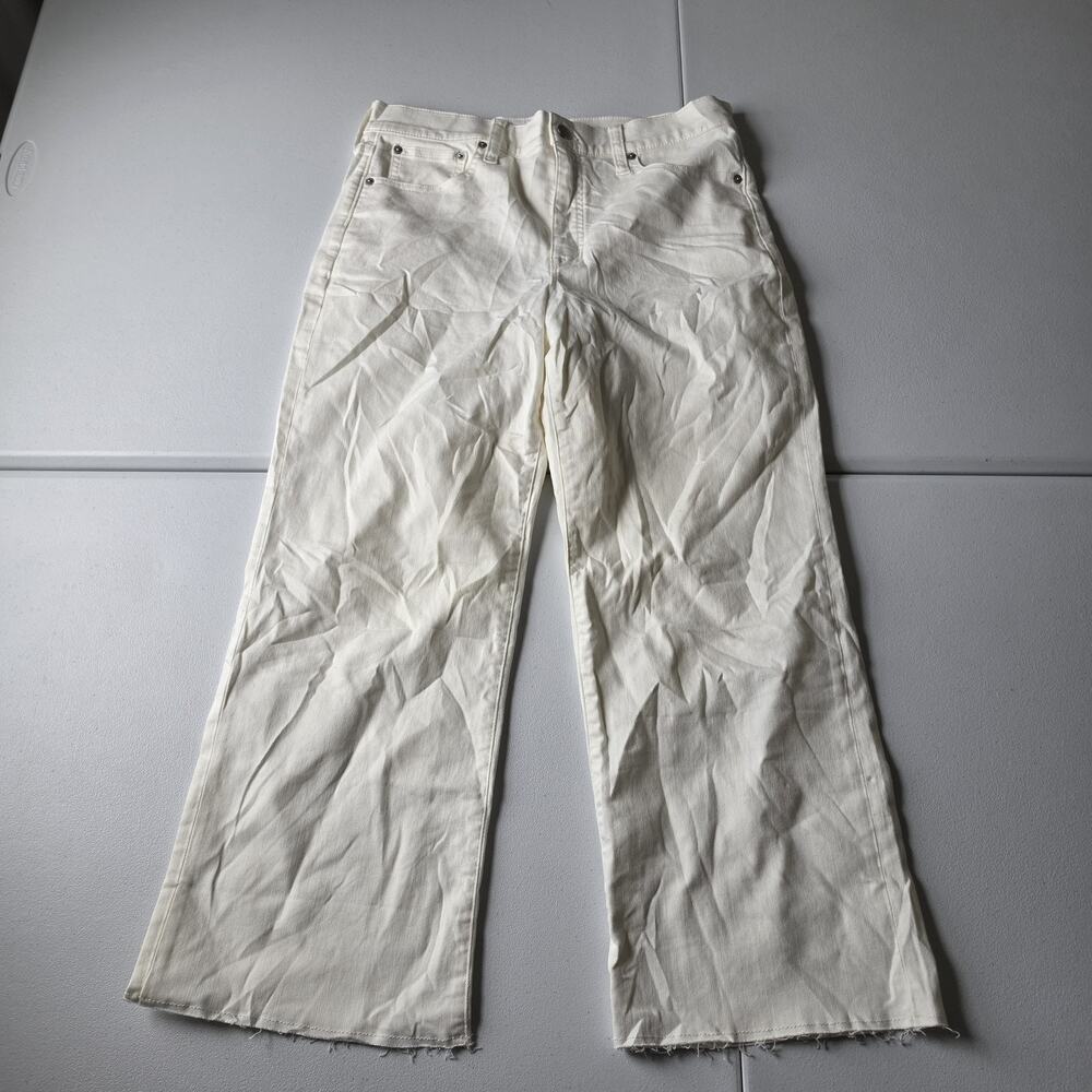 J.Crew Wide-Leg Crop Jeans Womens 30 White High Rise Raw Hem Denim Stretch